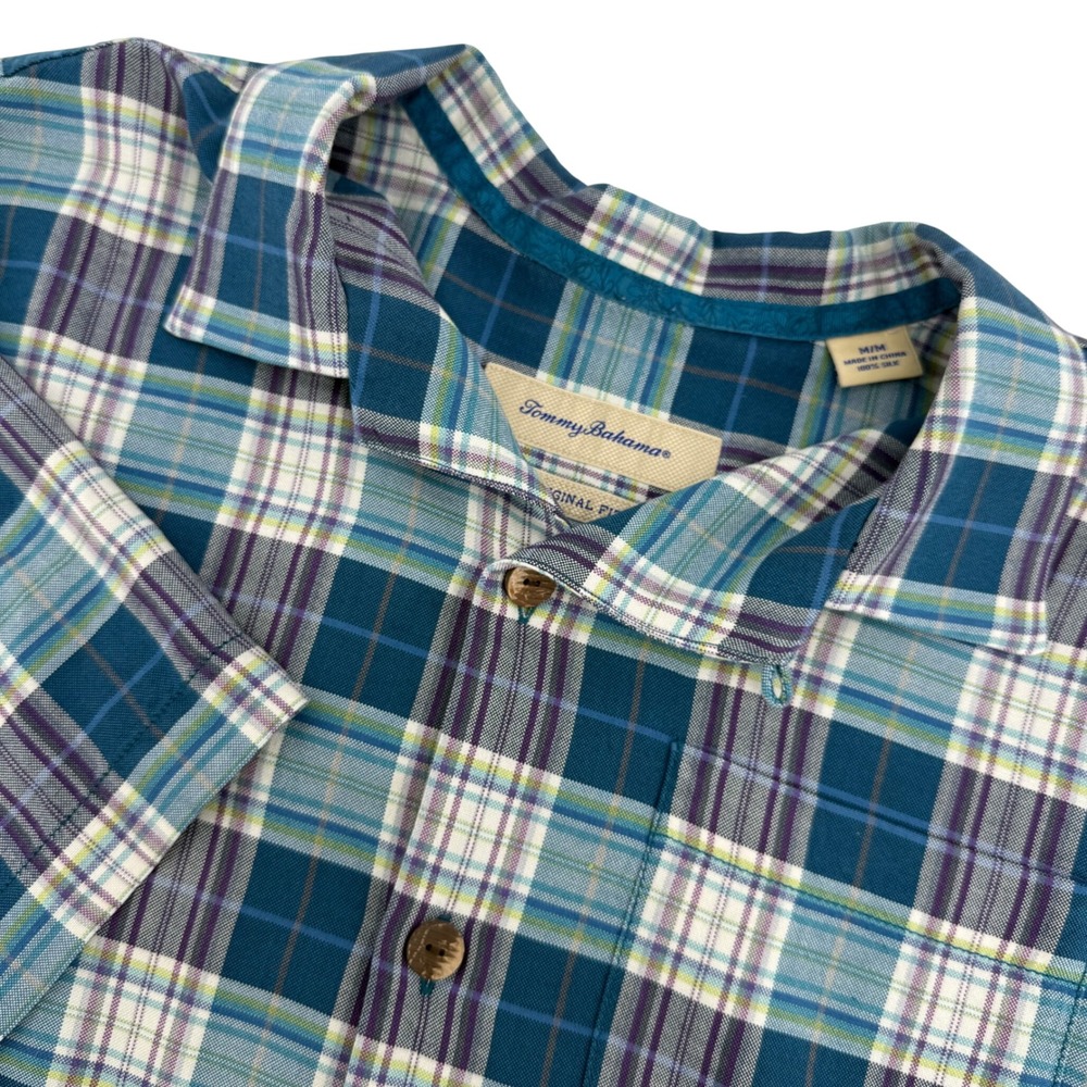 Tommy Bahama Mens Silk Plaid Short Sleeve Camp Shirt Size Medium Blue Purple